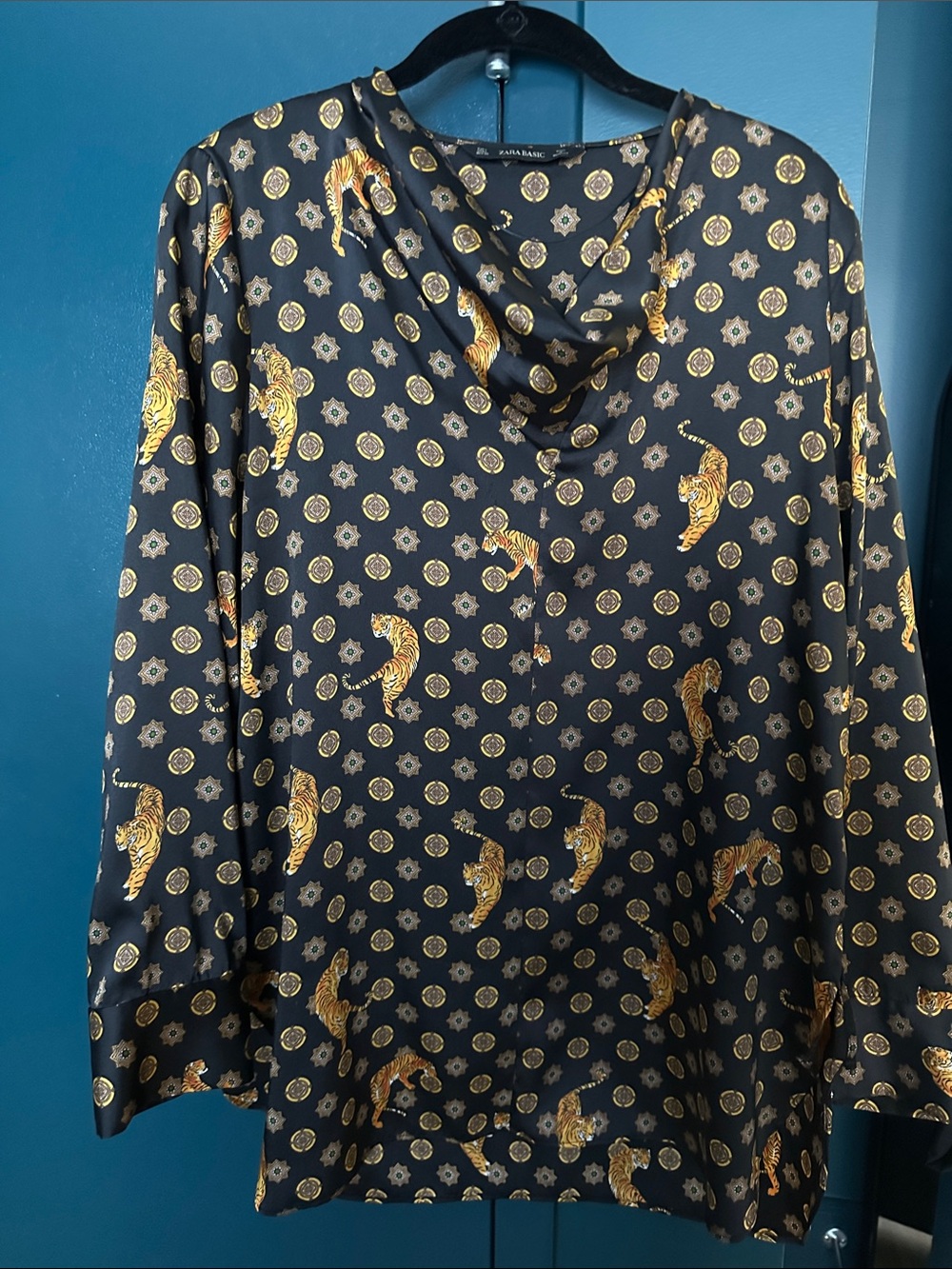 Zara Black Long-Sleeve Cowl Neck Top with Gold Tiger & Medallion Print